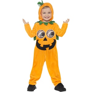 Smiffys Pumpkin Toddler Costume, Orange & Black with Hooded Jumpsuit & 3D Printed Eyes, Halloween Child Fancy Dress, Pumpkin Dress Up Costumes